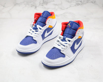 Jordan 1 Mid Branco Laranja Laser Azul Royal Profundo 