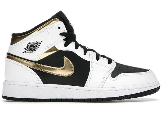 Jordan 1 Mid Branco Dourado Preto 