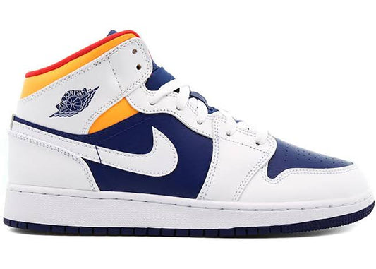 Jordan 1 Mid Branco Laranja Laser Azul Royal Profundo 