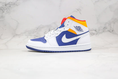 Jordan 1 Mid Branco Laranja Laser Azul Royal Profundo 